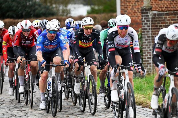 NIVONE, BELGIUM - FEBRUARY 28: (L-R) Kaden Groves of Australia and Team Alpecin-Premier Tech and Tim Wellens of Belgium and UAE Team Emirates - XRG compete during the 21st Omloop Het Nieuwsblad 2026, Men&amp;apos;s Elite a 207.2km one day race from Ghent to Ninove / #UCIWT / on February 28, 2026 in Ninove, Belgium. (Photo by Tim de Waele/Getty Images)