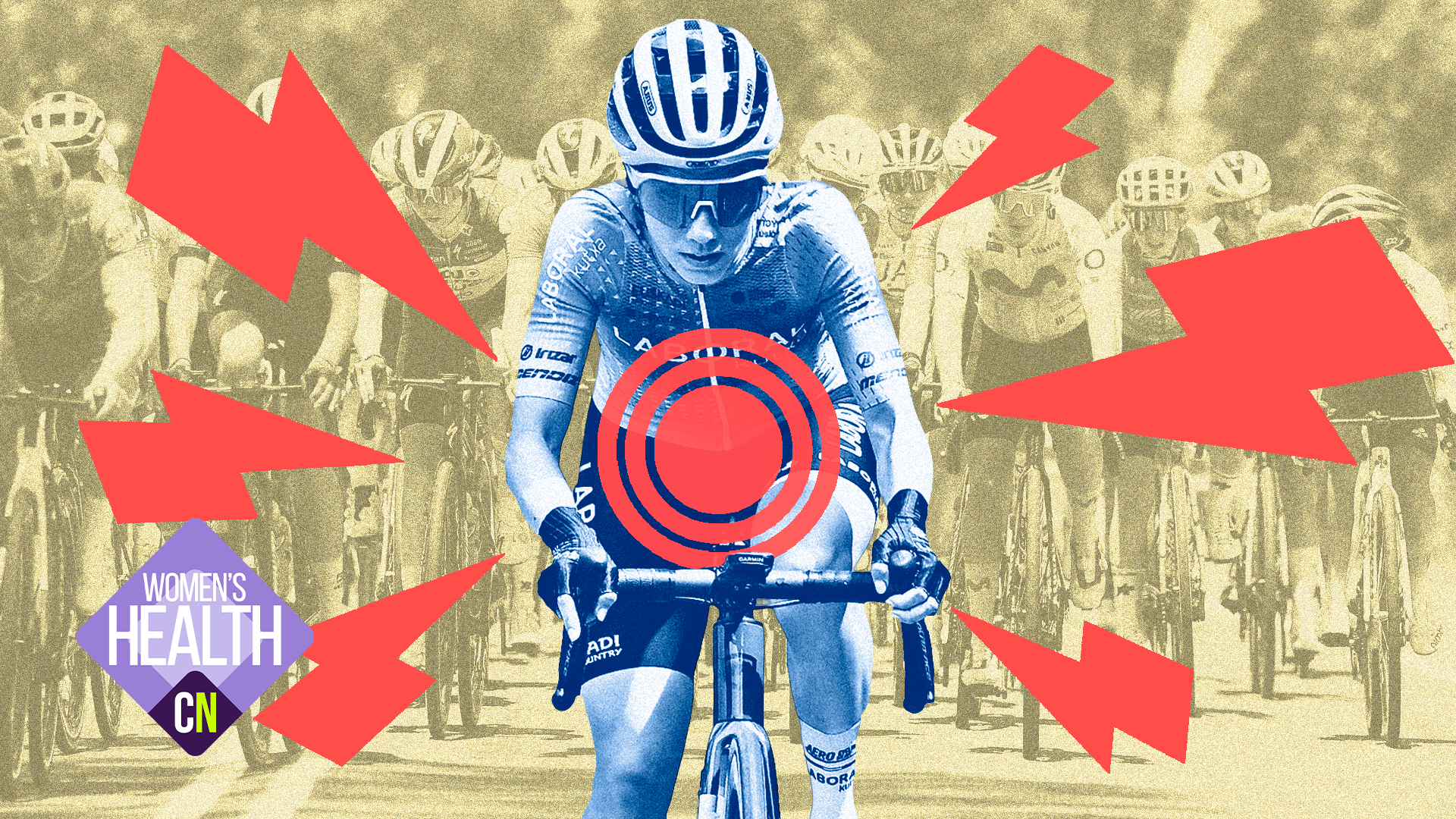 Una ilustración que muestra a una ciclista en primer plano, con relámpagos rojos y un punto de pulso que representa el dolor en el estómago.
