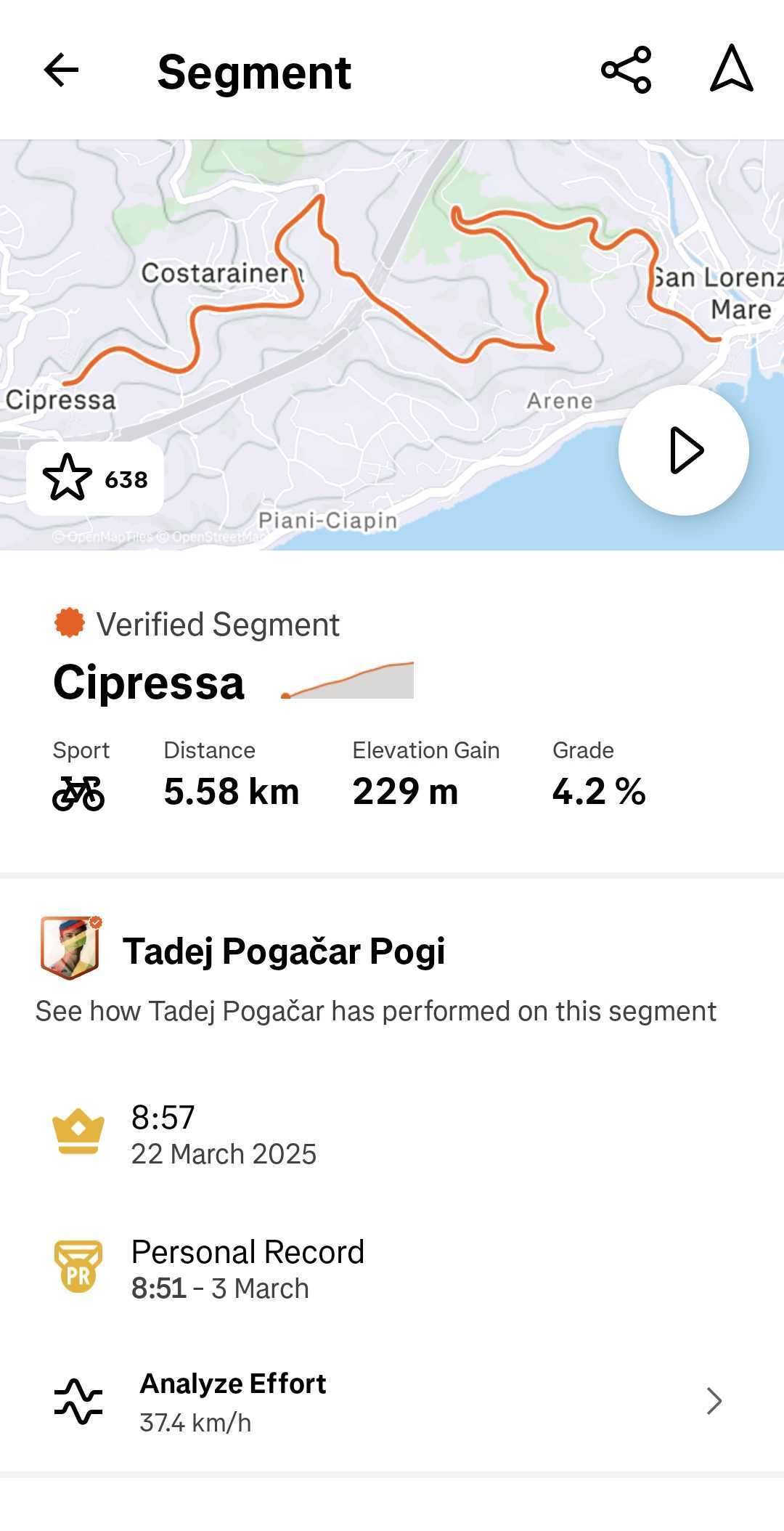 Una captura de pantalla que muestra el récord personal de Tadej Pogačar'ar en el segmento Cipressa de Strava.