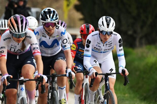 SIENA, ITALY - MARCH 07: (L-R) Liane Lippert of Germany and Team Movistar and Demi Vollering of Netherlands and Team FDJ United - SUEZ compete during to the 12th Strade Bianche Donne 2026 a 133km one day race from Siena to Siena / #UCIWWT / on March 07, 2026 in Siena, Italy. (Photo by Luc Claessen/Getty Images)