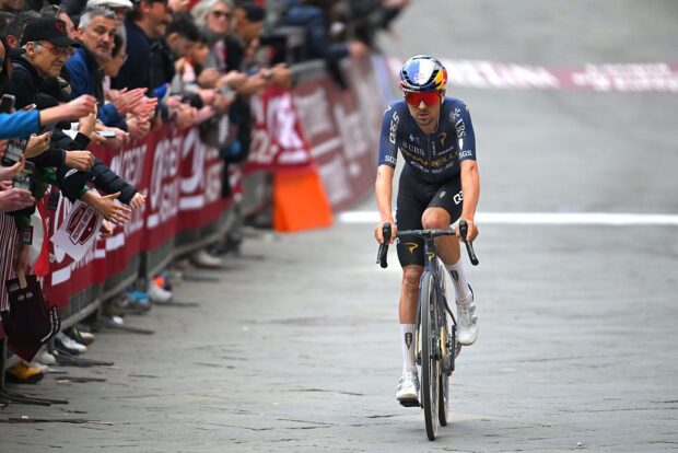 SIENA, ITALY - MARCH 07: Thomas Pidcock of Great Britain and Team Pinarello Q36.5 Pro Cycling crosses the finish line during the 20th Strade Bianche 2026 a 203km one day race from Siena to Siena / #UCIWT / on March 07, 2026 in Siena, Italy. (Photo by Tim de Waele/Getty Images)