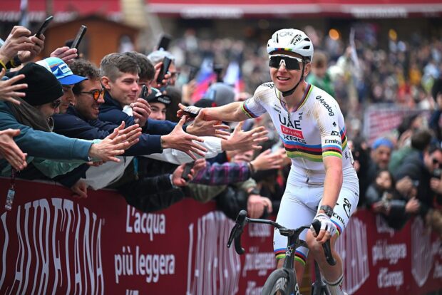SIENA, ITALY - MARCH 07: Tadej Pogacar of Slovenia and UAE Team Emirates - XRG celebrates at finish line as race winner during the 20th Strade Bianche 2026 a 203km one day race from Siena to Siena / #UCIWT / on March 07, 2026 in Siena, Italy. (Photo by Tim de Waele/Getty Images)