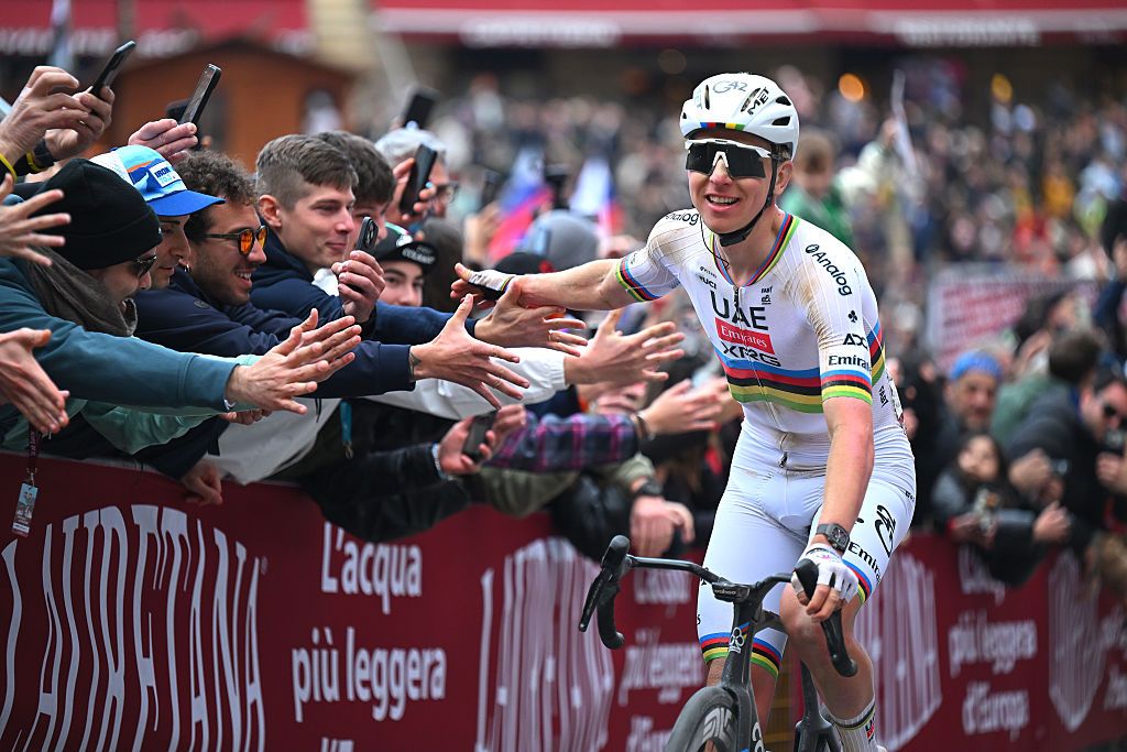SIENA, ITALY - MARCH 07: Tadej Pogacar of Slovenia and UAE Team Emirates - XRG celebrates at finish line as race winner during the 20th Strade Bianche 2026 a 203km one day race from Siena to Siena / #UCIWT / on March 07, 2026 in Siena, Italy. (Photo by Tim de Waele/Getty Images)