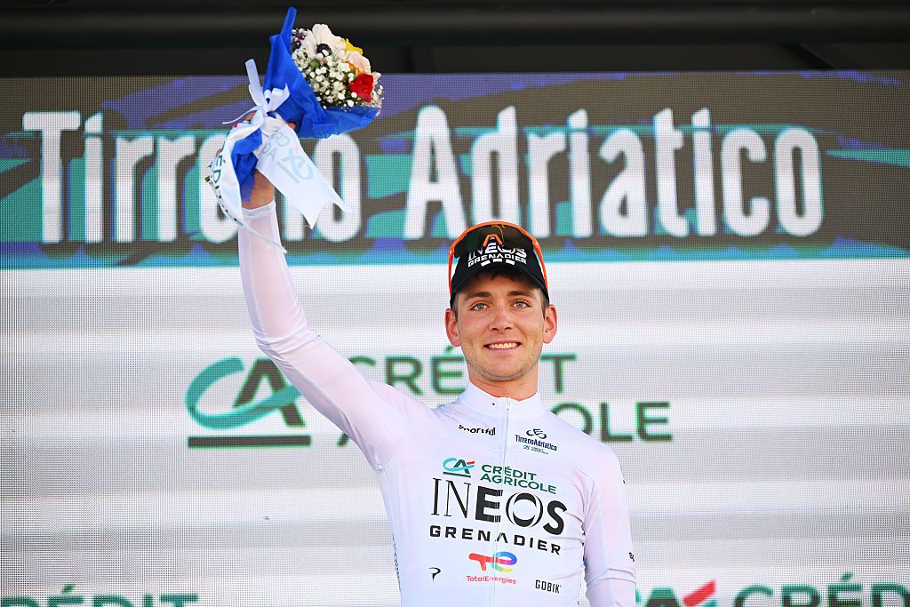 LIDO DI CAMAIORE, ITALY - MARCH 09: Magnus Sheffield of United States and Team INEOS Grenadiers celebrates at podium as White best young jersey winner during the 61st Tirreno-Adriatico 2026, Stage 1 a 11.5km individual time trial stage from Lido di Camaiore to Lido di Camaiore / #UCIWT / on March 09, 2026 in Lido di Camaiore, Italy. (Photo by Tim de Waele/Getty Images)