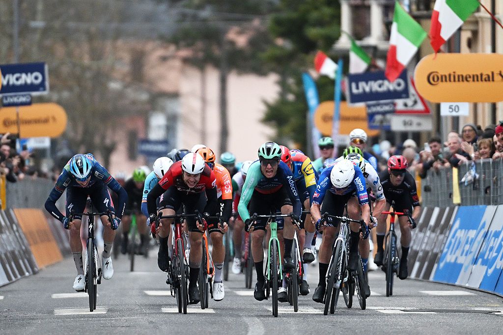 MAGLIANO DE&amp;apos; MARSI, ITALY - MARCH 11: (L-R) Paul Magnier of France and Team Soudal Quick-Step, Arnaud De Lie of Belgium and Team Lotto Intermarché, stage winner Tobias Lund Andresen of Denmark and Team Decathlon CMA CGM and Jasper Philipsen of Belgium and Team Alpecin-Premier Tech sprint at finish line during the 61st Tirreno-Adriatico 2026, Stage 3 a 221km stage from Cortona to Magliano de&amp;apos; Marsi 332m / #UCIWT / on March 11, 2026 in Magliano de&amp;apos; Marsi, Italy. (Photo by Tim de Waele/Getty Images)