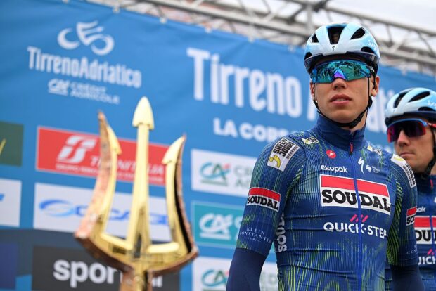CAMAIORE, ITALY - MARCH 10: Paul Magnier of France and Team Soudal Quick-Step prior to the 61st Tirreno-Adriatico 2026, Stage 2 a 206km stage from Camaiore to San Gimignano 332m / #UCIWT / on March 10, 2026 in Camaiore, Italy. (Photo by Tim de Waele/Getty Images)