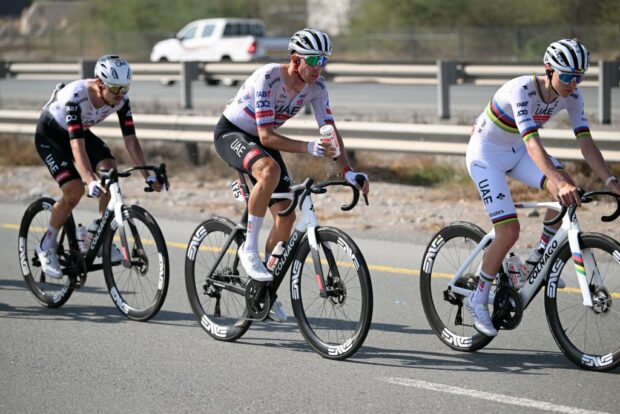 JEBEL JAIS UNITED ARAB EMIRATES FEBRUARY 19 LR Domen Novak of Slovenia and and Tadej Pogacar of Slovenia and UAE Team Emirates compete during the 7th UAE Tour 2025 Stage 3 a 181km stage from Ras al Khaimah to Jebel Jais 1490m UCIWWT on February 19 2025 in Jebel Jais United Arab Emirates Photo by Dario BelingheriGetty Images