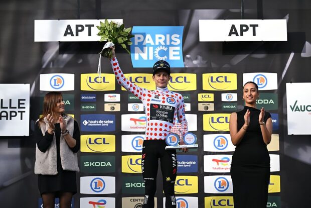 Paris-Nice 2026 stage 6: race leader Jonas Vingegaard celebrates another day in the mountains jersey