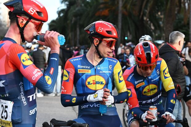 VALENCIA, SPAIN - JANUARY 25: (L-R) Gabriele Scagliola of Italy and Hector Alvarez of Spain and Team Lidl-Trek Future Racing react after the 42nd Classica Comunitat Valenciana 1969 - Gran premio Valencia 2026 a 200km one day race from La Nucia to Valencia on January 25, 2026 in Valencia, Spain. (Photo by Antonio Baixauli/Getty Images)