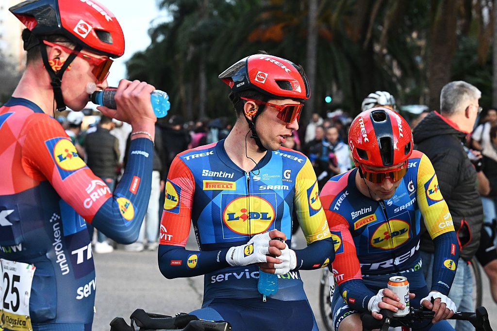 VALENCIA, SPAIN - JANUARY 25: (L-R) Gabriele Scagliola of Italy and Hector Alvarez of Spain and Team Lidl-Trek Future Racing react after the 42nd Classica Comunitat Valenciana 1969 - Gran premio Valencia 2026 a 200km one day race from La Nucia to Valencia on January 25, 2026 in Valencia, Spain. (Photo by Antonio Baixauli/Getty Images)