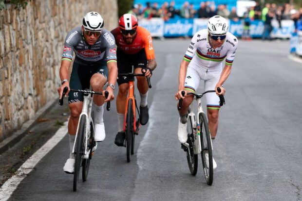 SANREMO, ITALY - MARCH 22: (L-R) Mathieu Van Der Poel of Netherlands and Team Alpecin – Deceuninck, Filippo Ganna of Italy and Team INEOS Grenadiers and Tadej Pogacar of Slovenia and Team UAE Team Emirates compete in the breakaway during the 116th Milano-Sanremo 2025 a 289km one day race from Pavia to Sanremo / #UCIWT / on March 22, 2025 in Sanremo, Italy. (Photo by Luca Bettini - Pool/Getty Images)