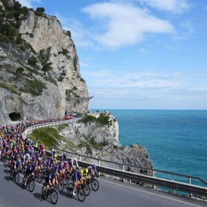 SANREMO, ITALY - MARCH 22: A general view of the peloton passing through a landscape during the 1st Sanremo Women 2025 a 156km one day race from Genova to Sanremo / #UCIWWT / on March 22, 2025 in Sanremo, Italy. (Photo by Tim de Waele/Getty Images)
