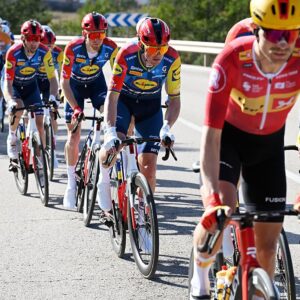 Mads Pedersen in a line of riders during the Volta a Valenciana