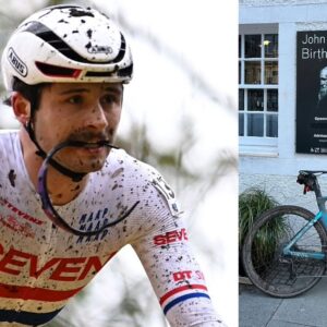 A split image showing Cameron Mason on the left and his bike for the John Muir Way on the right