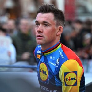 PAVIA, ITALY - MARCH 20: Mads Pedersen of Denmark and Team Lidl - Trek during the team presentation prior to the 117th Milano-Sanremo 2026 / #UCIWT / on March 20, 2026 in Pavia, Italy. (Photo by Dario Belingheri/Getty Images)