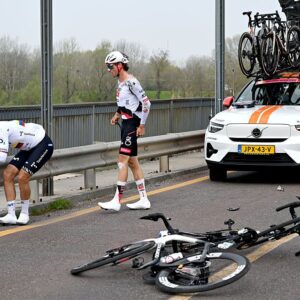 SANREMO, ITALY - MARCH 21: (L-R) Orluis Aular of Venezuela and Team Movistar and Jan Christen of Switzerland and UAE Team Emirates - XRG react after crash during the 117th Milano-Sanremo 2026, Men's Elite a 298km one day race from Pavia to Sanremo / #UCIWT / on March 21, 2026 in Sanremo, Italy. (Photo by Dario Belingheri/Getty Images)