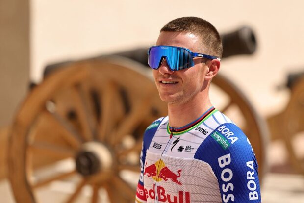 Red Bull-Bora-Hansgrohe's Belgian rider Remco Evenepoel looks on before the sixth stage of the UAE Tour cycling event from al-Ain Museum to Jebel Hafeet in Abu Dhabi on February 21, 2026. (Photo by Fadel SENNA / AFP)