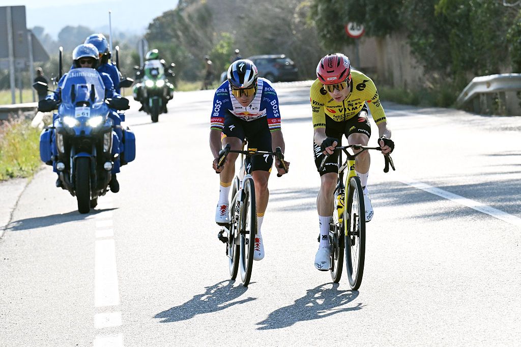 VILA-SECA, SPAIN - MARCH 25: (L-R) Remco Evenepoel of Belgium and Team Red Bull - BORA - hansgrohe and Jonas Vingegaard of Denmark and Team Visma