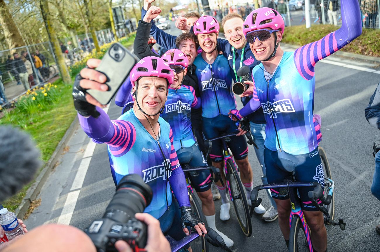 Netherlands' Dylan Groenewegen of Unibet Rose Rockets (L) takes a selfie with teammates after winning the 'Ronde van Brugge' men's elite one-day cycling race, 202,9 km from and to Bruges on March 25, 2026. (Photo by ELIAS ROM / Belga / AFP via Getty Images) / Belgium OUT