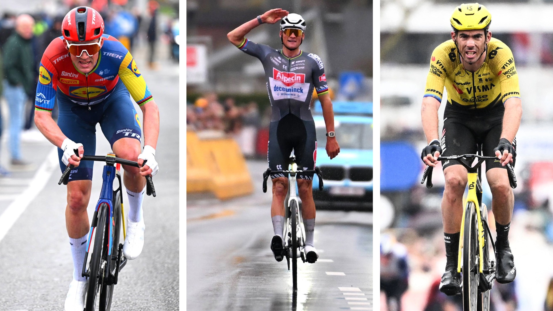 Una imagen dividida que muestra a Mads Pedersen a la izquierda, Mathieu van der Poel en el medio y Christophe Laporte a la derecha.