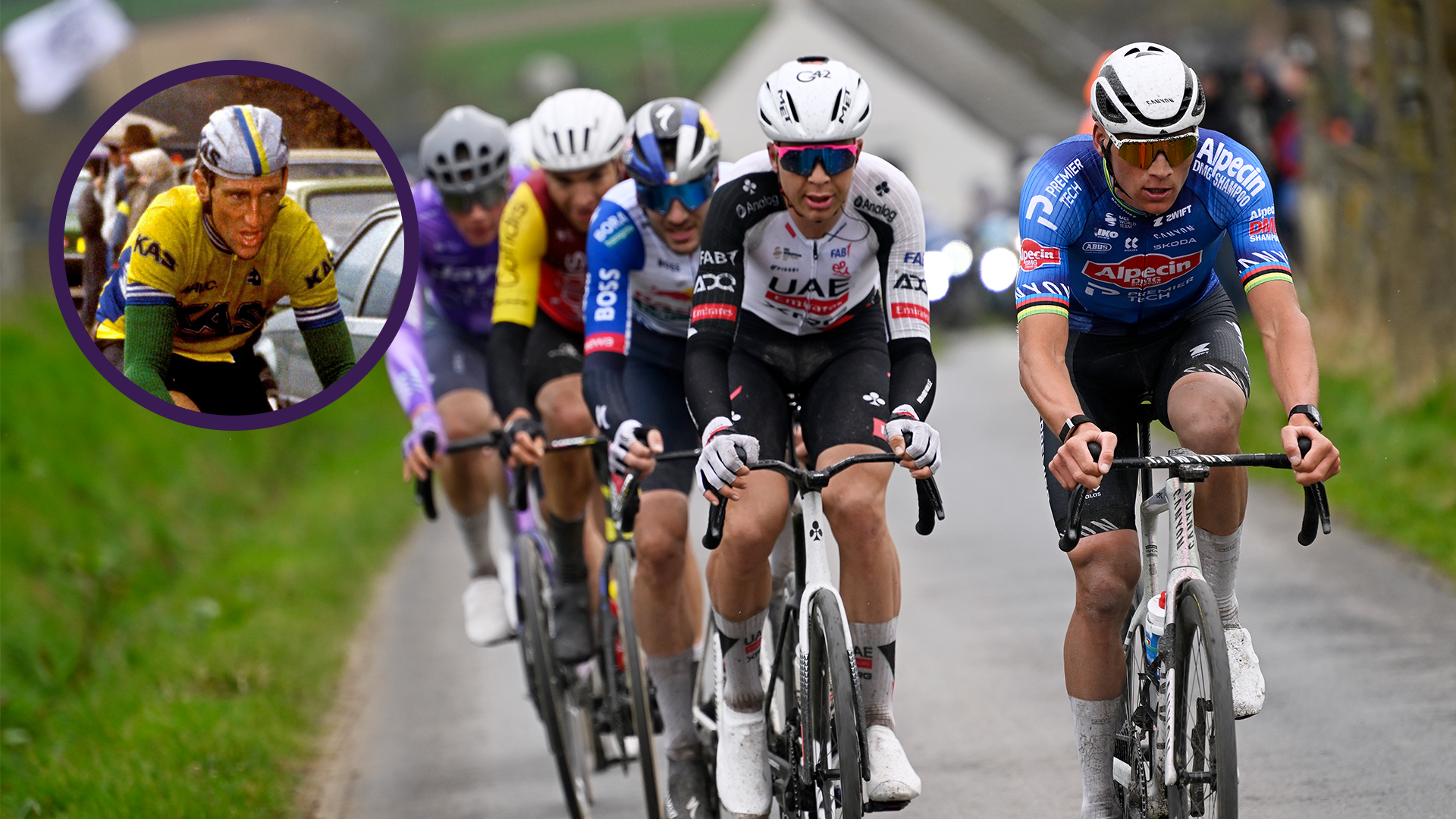 NIVONE, BÉLGICA - 28 DE FEBRERO: (LR) Florian Vermeersch de Bélgica y UAE Team Emirates - XRG y Mathieu van der Poel de Holanda y Team Alpecin-Premier Tech compiten en la escapada durante la 21ª Omloop Het Nieuwsblad 2026, Men's Elite, una carrera de un día de 207,2 km desde Gante a Ninove / #UCIWT/ el 28 de febrero de 2026 en Ninove, Bélgica. (Foto de Nico Vereecken - Piscina/Getty Images)