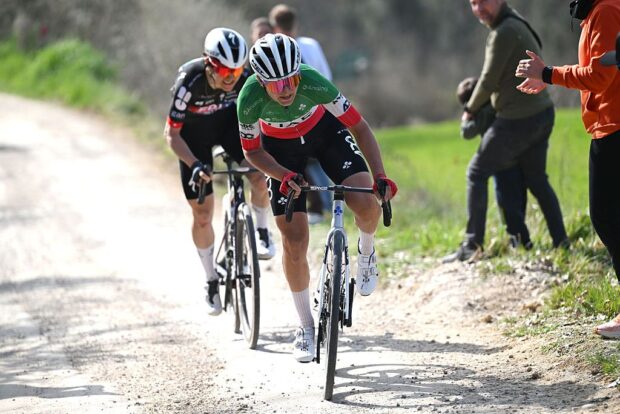 SIENA, ITALY - MARCH 07: Elisa Longo Borghini of Italy and UAE Team ADQ competes in the breakaway during to the 12th Strade Bianche Donne 2026 a 133km one day race from Siena to Siena / #UCIWWT / on March 07, 2026 in Siena, Italy. (Photo by Luc Claessen/Getty Images)