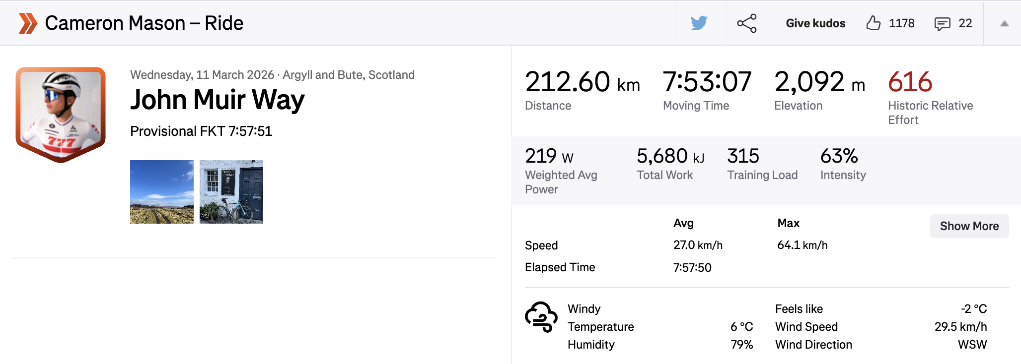 Una captura de pantalla de la carga de Cameron Mason en Strava para su viaje en John Muir Way