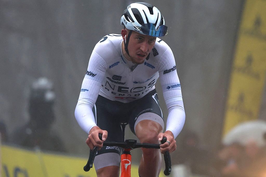 INEOS Grenadiers' French rider Kévin Vauquelin cycles to finish the 4th stage of the Paris-Nice cycling race, 195 km between Bourges and Uchon, on March 11, 2026. (Photo by Anne-Christine POUJOULAT / AFP)