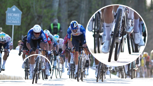 Jasper Philipsen sprinting in odd shoes