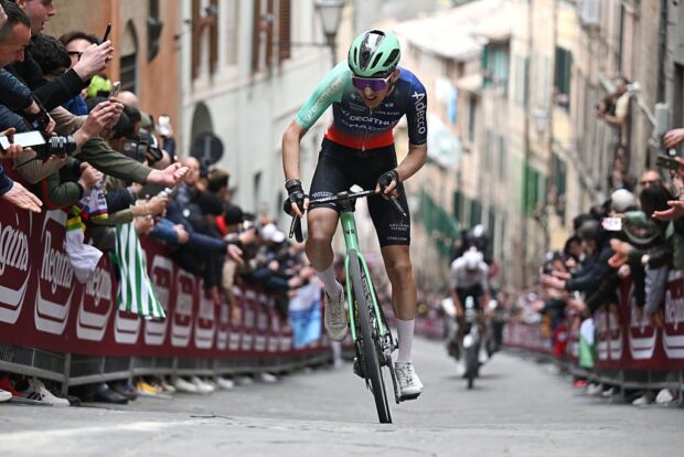 SIENA, ITALY - MARCH 07: Paul Seixas of France and Team Decathlon CMA CGM competes in the chase group during the 20th Strade Bianche 2026 a 203km one day race from Siena to Siena / #UCIWT / on March 07, 2026 in Siena, Italy. (Photo by Luc Claessen/Getty Images)