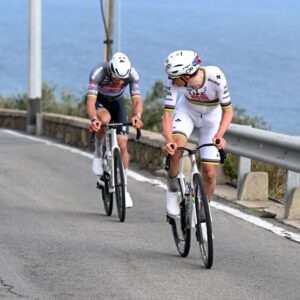SANREMO, ITALY - MARCH 22: (L-R) Mathieu Van Der Poel of Netherlands and Team Alpecin – Deceuninck and Tadej Pogacar of Slovenia and Team UAE Team Emirates compete in the breakaway during the 116th Milano-Sanremo 2025 a 289km one day race from Pavia to Sanremo / #UCIWT / on March 22, 2025 in Sanremo, Italy. (Photo by Dario Belingheri/Getty Images)