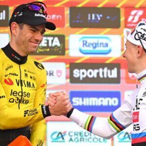 SANREMO, ITALY - MARCH 21: (L-R) The third classified Wout van Aert of Belgium and Team Visma