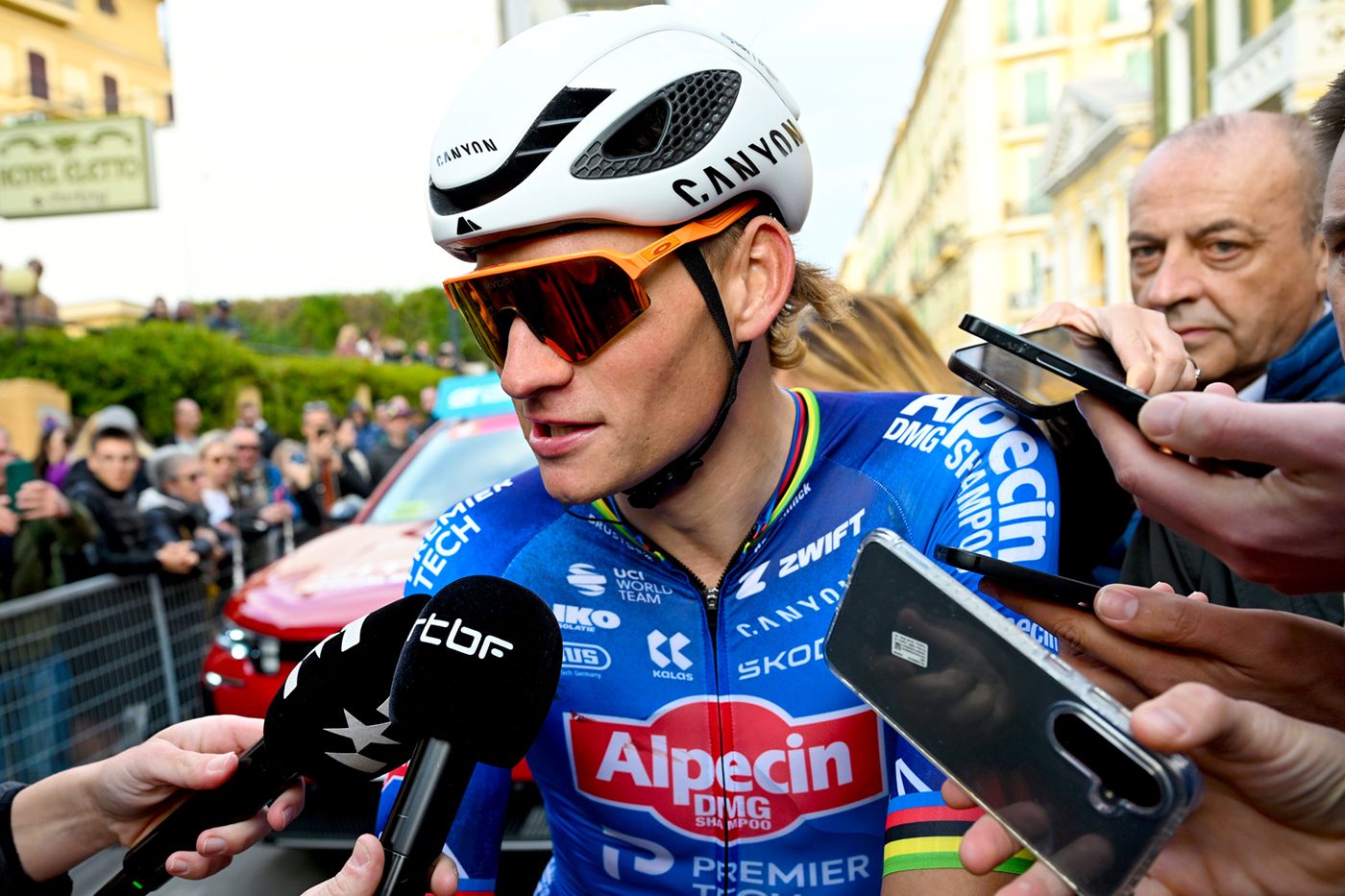 SANREMO, ITALY - MARCH 21: Mathieu van der Poel of Netherlands and Team Alpecin-Premier Tech meets the media press after the 117th Milano-Sanremo 2026, Men's Elite a 298km one day race from Pavia to Sanremo / #UCIWT / on March 21, 2026 in Sanremo, Italy. (Photo by Dario Belingheri/Getty Images)