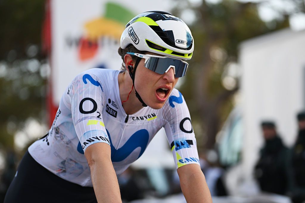 FELANITX - PUIG DE SANT SALVADOR, SPAIN - JANUARY 24: Marlen Reusser of Switzerland and Movistar Team crosses the finish line on second place during the 3rd Challenge Femenino Ciclista Mallorca 2026 - Trofeo Marratxi a 128.8km one day race from Marratxi to Felanitx - Puig de Sant Salvador 467m on January 24, 2026 in Felanitx - Puig de Sant Salvador, Spain. (Photo by Tim de Waele/Getty Images)