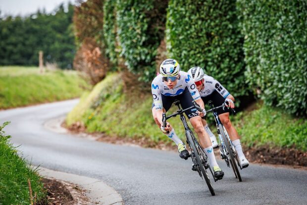 WAREGEM, BELGIUM - APRIL 1: Marlen Reusser of Movistar Team of Switzerland, Demi Vollering of FDJ United - SUEZ of Netherlands during the match between Dwars door Vlaanderen 2026 v Women's Elite at the Waregem on April 1, 2026 in Waregem Belgium (Photo by Pim Waslander/Soccrates/Getty Images)