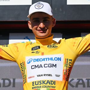 BILBAO, SPAIN - APRIL 06: Paul Seixas of France and Team Decathlon CMA CGM celebrates at podium as Yellow leader jersey winner during the 65th Itzulia Basque Country 2026, Stage 1 a 13.8km individual time trial stage from Bilbao to Bilbao / #UCIWT / on April 06, 2026 in Bilbao, Spain. (Photo by Tim de Waele/Getty Images)