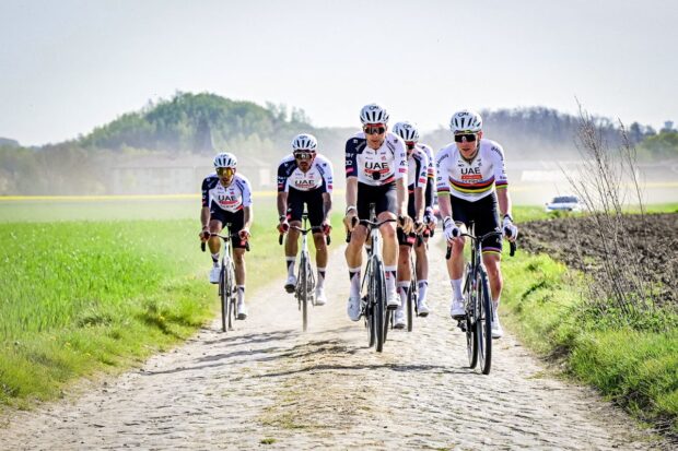 Tadej Pogačar and Florian Vermeersch lead the UAE Team Emirates-XRG recon ride on the Paris-Roubaix cobbles ahead of the 2026 race