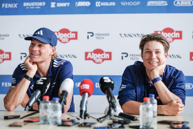 Mathieu van der Poel and Jasper Philipsen pictured during press conference of Alpecin-Premier Tech cycling team ahead of this year's Paris-Roubaix