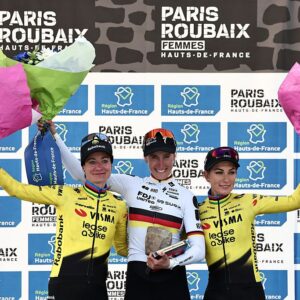 Marianne Vos, Franziska Koch and Pauline Ferrand-Prévot celebrate on the podium of the 6th edition of the Women Paris-Roubaix 2026