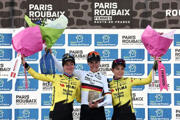 Marianne Vos, Franziska Koch and Pauline Ferrand-Prévot celebrate on the podium of the 6th edition of the Women Paris-Roubaix 2026
