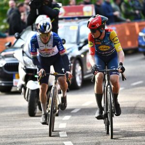Remco Evenepoel and Mattias Skjelmose ride side by side in the final of the Amstel Gold Race 2026