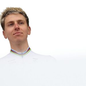 Slovenian rider Tadej Pogacar stands on stage during the teams' presentations event of Paris-Roubaix 2026