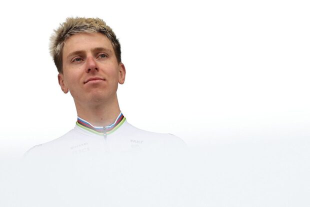 Slovenian rider Tadej Pogacar stands on stage during the teams' presentations event of Paris-Roubaix 2026