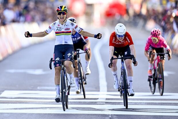 Mauritius' AG Soudal Team's Kim Le Court (L) celebrates after winning the women elite race of the Liege-Bastogne-Liege one day cycling event, 152,9km from Bastogne to Liege, on April 27, 2025. (Photo by ERIC LALMAND / Belga / AFP) / Belgium OUT