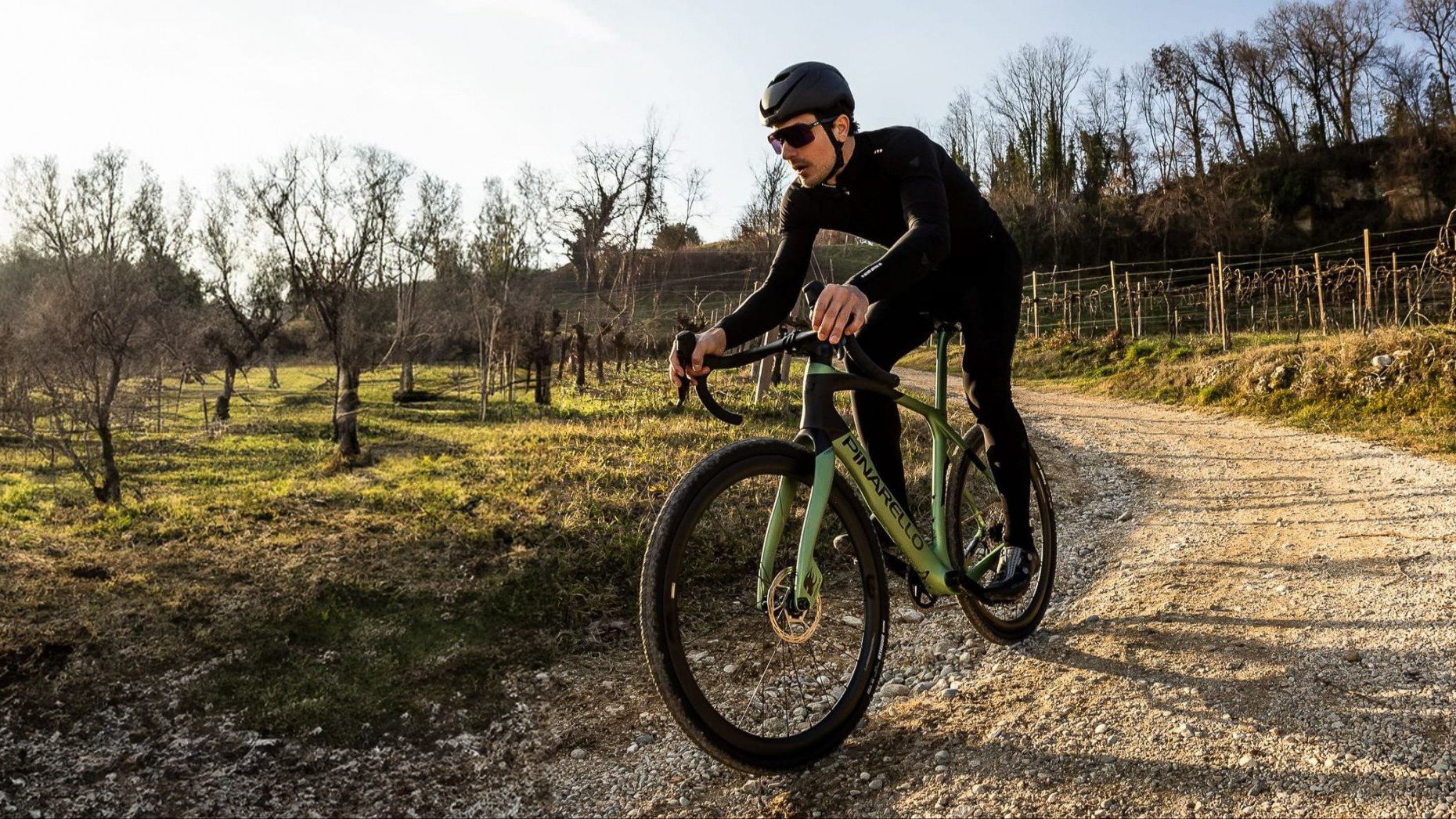 The Pinarello Grevil F7 being ridden on gravel