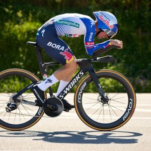 Side shot of Primoz Roglic riding in an aero position on a TT bike during the opening time trial at Itzulia Basque Country 2026