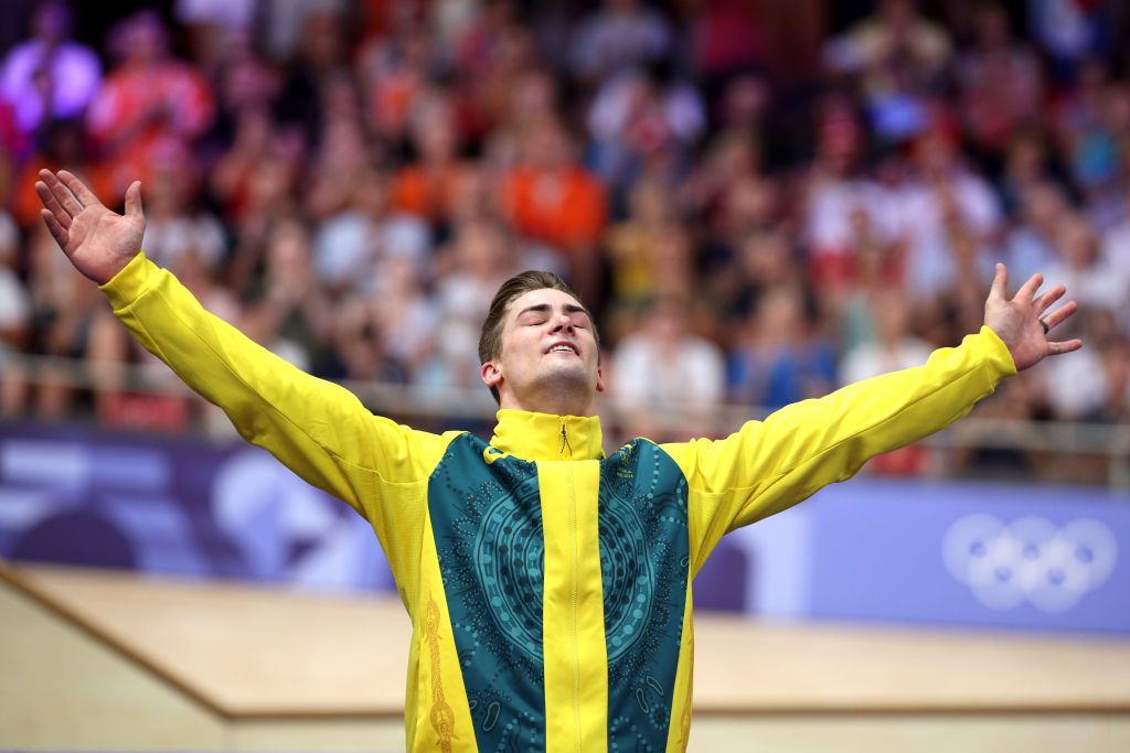 PARIS, FRANCE - AUGUST 11: Bronze medalist Matthew Glaetzer of Team Australia celebrates on the podium after the Men&amp;apos;s Keirin, Final on day sixteen of the Olympic Games Paris 2024 at Saint-Quentin-en-Yvelines Velodrome on August 11, 2024 in Paris, France. (Photo by Jared C. Tilton/Getty Images)