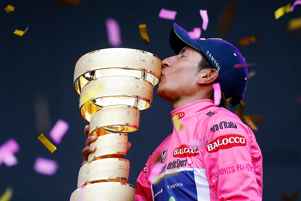 Nairo Quintana celebra el triunfo en el Giro de Italia 2014