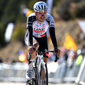 LA MOLINA, SPAIN - MARCH 27: Joao Almeida of Portugal and UAE Team Emirates - XRG crosses the finish line during the 105th Volta a Catalunya 2026, Stage 5 a 155.3km stage from La Seu d&amp;apos;Urgell to La Molina/Coll de Pal 2109m / #UCIWT / on March 27, 2026 in La Molina, Spain. (Photo by Szymon Gruchalski/Getty Images)