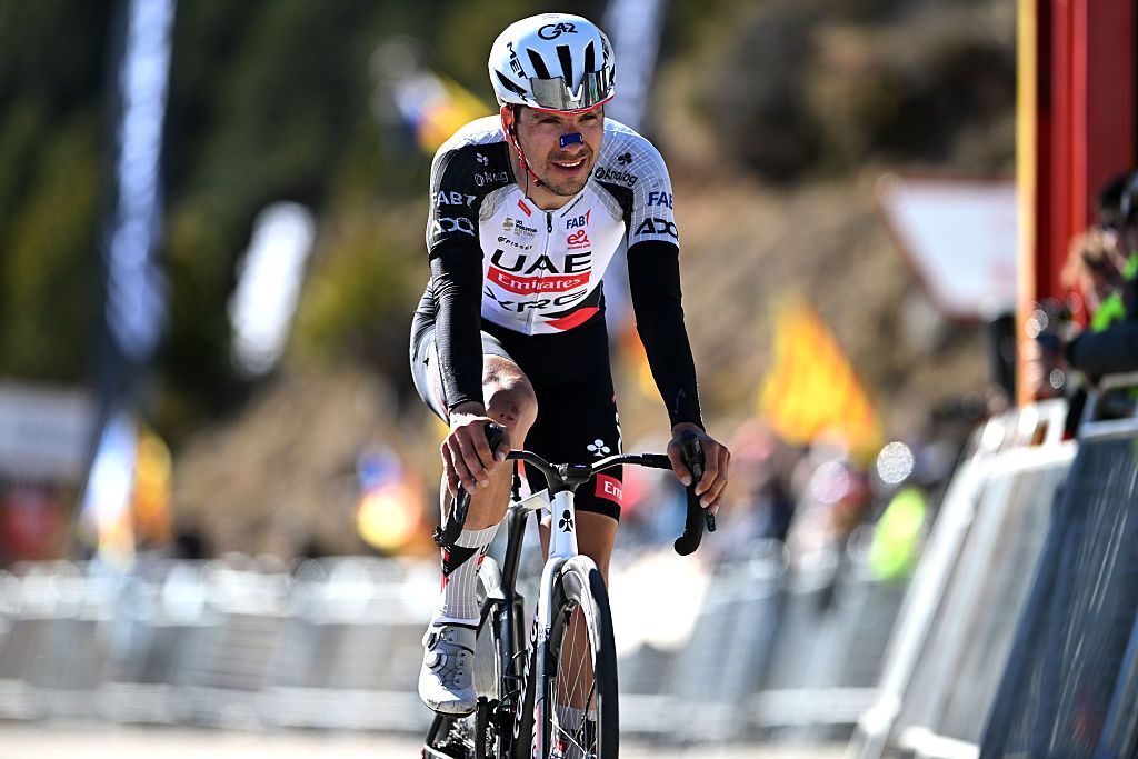 LA MOLINA, SPAIN - MARCH 27: Joao Almeida of Portugal and UAE Team Emirates - XRG crosses the finish line during the 105th Volta a Catalunya 2026, Stage 5 a 155.3km stage from La Seu d&amp;apos;Urgell to La Molina/Coll de Pal 2109m / #UCIWT / on March 27, 2026 in La Molina, Spain. (Photo by Szymon Gruchalski/Getty Images)